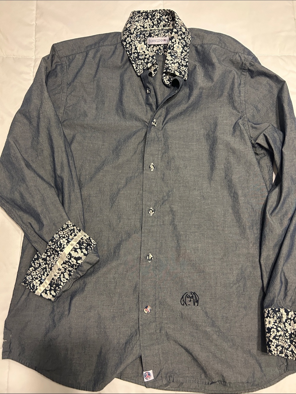John Lennon Men's Grey Dress Shirt with  Floral Trim and Cool Details - Beatles